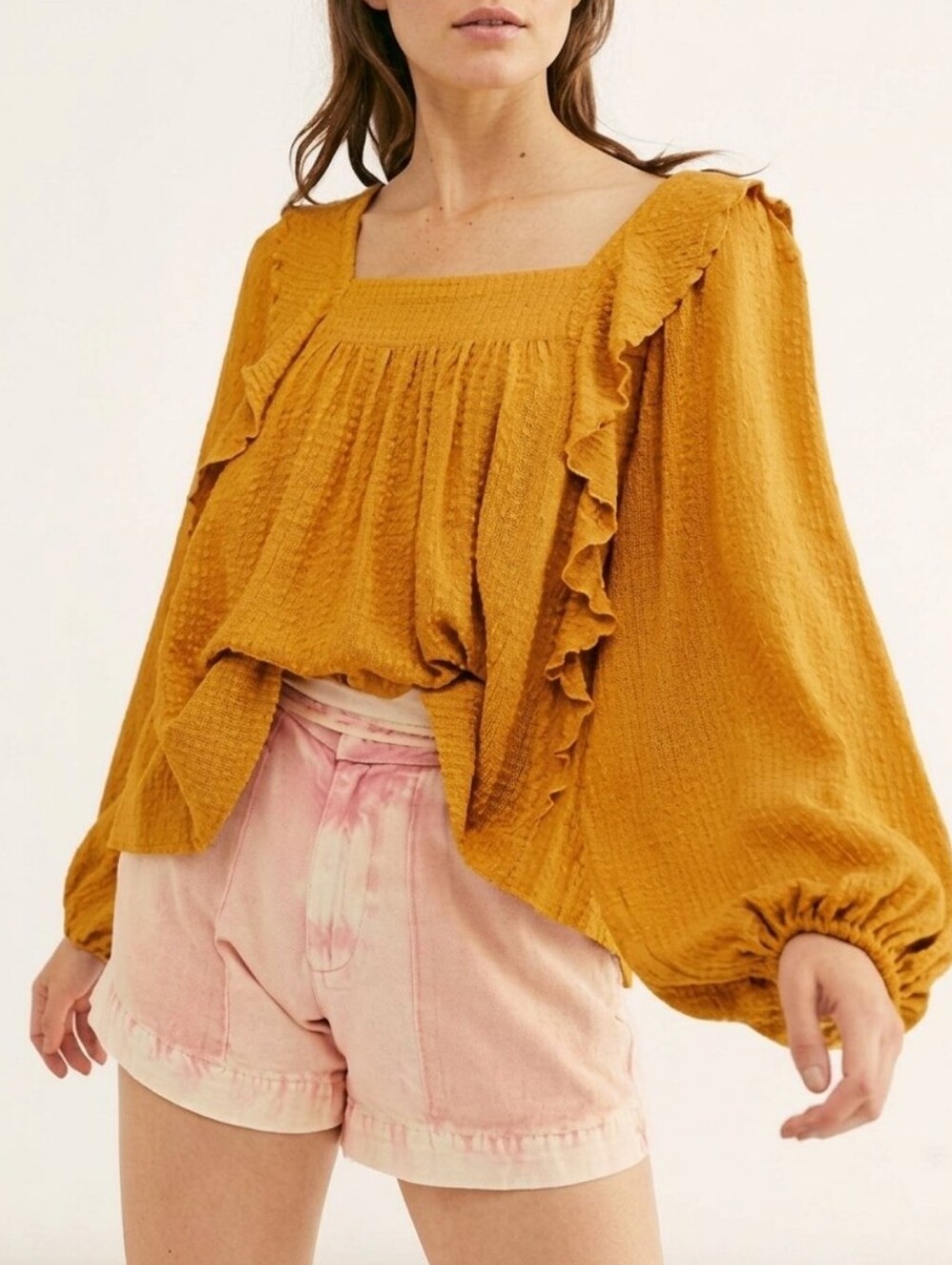 FREE PEOPLE Bonnie Ruffle Long Sleeve Peasant Top In Marigold Relaxed Fall Sz XS